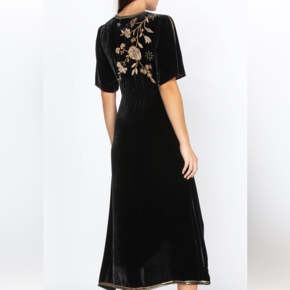 Johnny Was Black Velvet Midi Dress with Gold Floral Embroidery